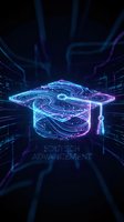 Digital graduation cap with glowing neon circuits and data streams representing educational technology advancement and online learning innovation.