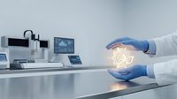 Healthcare professional in blue gloves holding glowing molecular structure in modern laboratory with advanced equipment for medical research and innovation.