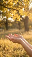 Open cupped hands reaching upward in golden autumn sunlight with blurred fall foliage background creating warm bokeh effect for wellness and gratitude concepts.