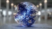 Glowing electric plasma sphere with blue lightning bolts and energy discharges on modern surface for science technology concepts.