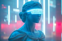 Futuristic female figure wearing glowing visor headset against neon background, bathed in cyberpunk blue lighting with classical statue aesthetic and draped fabric.