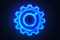 Glowing blue neon gear icon on dark background, symbolizing technology, engineering, settings, or mechanical systems.