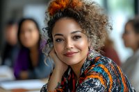 Young mixed-race woman with curly hair smiling confidently in modern office environment. Professional portrait for business and workplace diversity concepts.