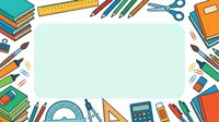 Colorful school supplies and stationery arranged in a frame around blank space, featuring books, rulers, scissors, pencils, calculator, and clips for educational design projects.