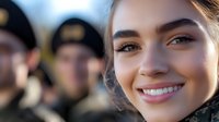 Young woman with radiant smile and glowing skin in natural sunlight, close-up portrait with blurred people in background, expressing joy and confidence.