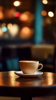 White ceramic coffee cup and saucer on wooden table in cozy cafe with warm bokeh lights and blue architectural elements in blurred background, suitable for beverage, hospitality and lifestyle designs.