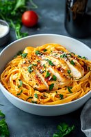 Grilled chicken breast with golden pasta noodles garnished with fresh herbs and parmesan cheese in white bowl on dark slate surface for restaurant menu.