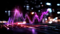 Financial data visualization with glowing pink stock market graph lines against dark urban night background with bokeh lights and reflective surface.