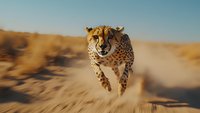 Running cheetah in motion across desert sand dunes, dynamic action shot with motion blur effect capturing speed and power of wild African predator in natural habitat.