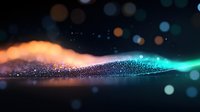 Abstract glowing wave of orange and turquoise particles with bokeh effect on dark background, dynamic motion of sparkling dust creating flowing light trail.
