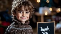 Young Caucasian boy with curly hair wearing brown sweater holds small chalkboard with thank you message, warm bokeh lights background creates festive atmosphere.