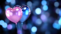 Pink and blue heart-shaped balloons floating against dark background with soft bokeh lights creating romantic atmosphere for Valentine's Day celebrations.