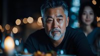 Mature Asian businessman with gray beard in contemplative pose during evening business meeting with female colleague in modern office setting.