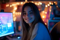 Young woman smiling at night with bokeh lights and computer monitor in background, wearing casual sweater, long brown hair illuminated by warm ambient glow.