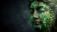 Ancient stone statue face with glowing green cracks and mystical energy effects on dark background for fantasy gaming and digital art projects.