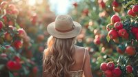 Woman with long wavy hair in straw hat standing in apple orchard at sunset. Ripe red apples on trees create dreamy harvest atmosphere.
