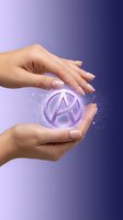 Female hands protecting glowing holographic letter A symbol with digital effects on purple gradient background for technology and innovation concepts.