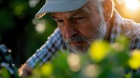 Senior Caucasian man with gray beard wearing baseball cap and plaid shirt examining grapes in vineyard during golden sunset light, selective focus portrait.