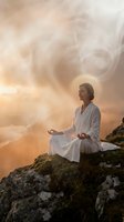 Young woman in white robe practicing meditation on mountain cliff during golden sunset with dramatic cloudy sky for wellness and mindfulness concepts.
