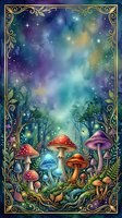 Enchanted forest floor with glowing mushrooms, magical woodland plants, and starlit sky framed by ornate gold border, suitable for fantasy artwork, book illustrations, and mystical design projects.