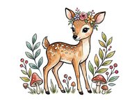 Cute young deer with floral crown surrounded by botanical elements and mushrooms on white background, isolated clipart for children's designs and merchandise.