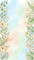 Soft watercolor floral border with tropical leaves, ferns, and delicate flowers on pastel background, for wedding invitations and cards.