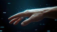 Human hand reaching into digital space with glowing particles and light effects against dark background, representing technology interface and future interaction.