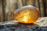 Glowing amber rutilated quartz crystal egg on stone surface at sunset, with golden light shining through mineral inclusions against blurred forest background.