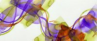 Abstract flowing ribbons in purple, green and orange hues creating dynamic waves and curves on light background for modern graphic design projects.
