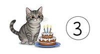 Tabby cat with birthday cake and number three candles on white background, isolated clipart for greeting cards, invitations, and party designs.