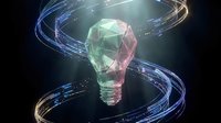 Glowing polygonal light bulb with swirling digital data streams and particles on dark background representing innovation, creativity and futuristic technology concepts.