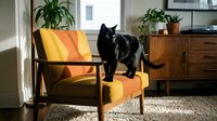 Black cat standing on mid-century modern wooden chair with yellow cushion in bright living room with plants and furniture, suitable for home decor and pet lifestyle content.
