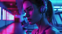 Young woman with headphones in neon-lit environment, profile view showing focused expression amid vibrant purple and blue lighting.