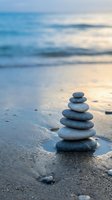 Balanced stone stack on sandy beach at sunset creating peaceful zen meditation scene with soft ocean waves and golden light for wellness and mindfulness concepts.