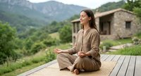 Young woman practicing mindfulness meditation on wooden deck with mountain landscape. Peaceful outdoor yoga session in natural setting promotes wellness and relaxation.