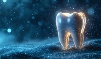 Glowing digital tooth with golden light outline on dark blue sparkly background for dental care advertising or oral health concept.