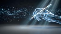 Futuristic digital hand reaching toward glowing network connections with flowing data streams and light rays on dark technological background.