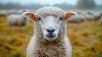 Close up portrait of white woolly sheep with curious expression looking directly at camera against blurred autumn field background with flock.