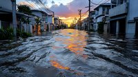 Flooded residential street at sunset with dramatic orange sky reflection in water, power lines overhead and houses on both sides showing urban natural disaster impact.