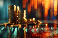 Stacks of golden coins reflecting on glossy surface with vibrant bokeh lights in turquoise and orange creating magical financial atmosphere.