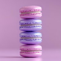 Stack of alternating pink and purple macarons with sparkly texture against pastel background, creating modern minimalist composition for food and confectionery design.