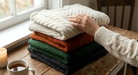 Cozy knitted sweaters stack on wooden table by window with warm coffee mug creating autumn winter fashion comfort scene for seasonal clothing lifestyle.