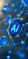 Glowing AI symbol in hexagonal shape connected by network lines against dark background with blue bokeh lights and yellow connection points.