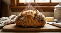 Freshly baked artisan sourdough bread loaf with golden crust steaming on wooden cutting board in rustic kitchen setting with natural window light.