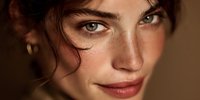 Close-up portrait of young Caucasian woman with green eyes and freckles, warm natural lighting, beauty skincare concept for cosmetics advertising.