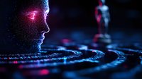 Glowing digital profile silhouette with neon pink light effect against dark background, futuristic circuit pattern represents artificial intelligence concept.