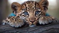 Close up portrait of young leopard cub with striking blue eyes lying on dark rock. Spotted wild cat face showing paws and distinctive fur pattern markings.
