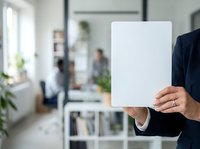 Businessman in dark suit holding blank white tablet or clipboard in modern office environment with blurred colleagues and plants in background for corporate messaging and branding.