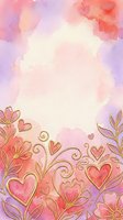 Watercolor floral frame with pink, purple, and coral heart flowers and swirling vines on isolated white background. Romantic design for greeting cards, invitations, and social media graphics.