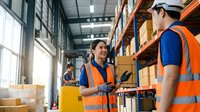 Young Asian female warehouse worker in safety vest discussing inventory with male colleague using tablet in modern distribution center with shelving.